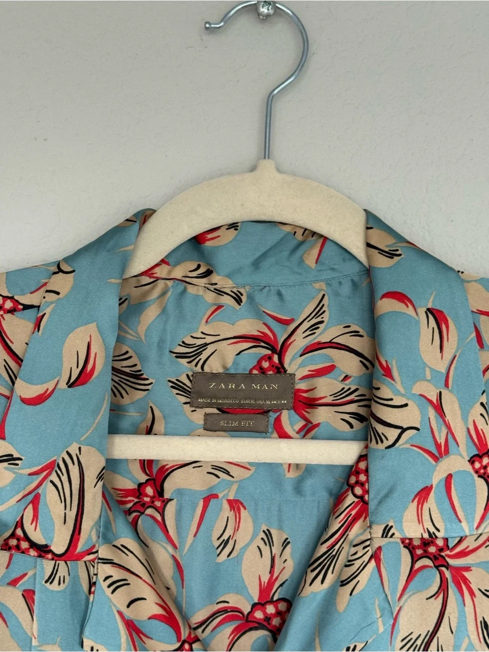 Zara Man Slim Fit Floral Camp Collar Shirt Blue Red Floral Hawaiian Button Down